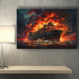 Battle Ship Burned Canvas Prints Wall Art Home Decor, Painting Canvas, Living Room Wall Decor