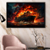 Battle Ship Burned Framed Canvas Prints Wall Art Home Decor, Painting Canvas, Floating Frame