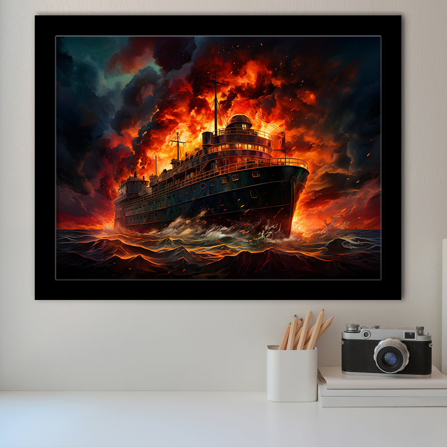 Battle Ship Burned Framed Art Prints Wall Decor, Painting Art, Framed Picture