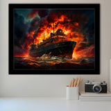 Battle Ship Burned Framed Art Prints Wall Decor, Painting Art, Framed Picture