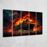 Battle Ship Burned 5 Panels B Canvas Prints Wall Art Home Decor, Extra Large Canvas