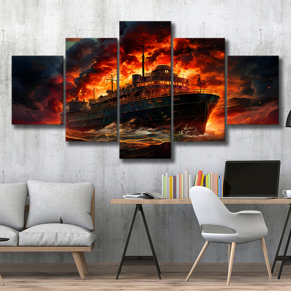 Battle Ship Burned 5 Panels Canvas Prints Wall Art Home Decor, Large Mixed Canvas