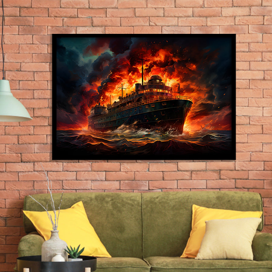 Battle Ship Burned Framed Art Prints Wall Decor, Painting Art, Framed Picture