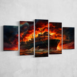 Battle Ship Burned 5 Panels Canvas Prints Wall Art Home Decor, Large Mixed Canvas