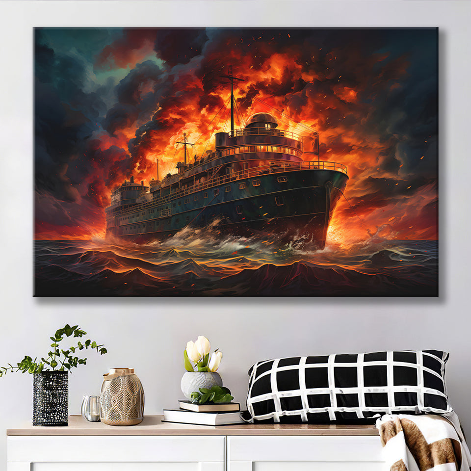 Battle Ship Burned Canvas Prints Wall Art Home Decor, Painting Canvas, Living Room Wall Decor