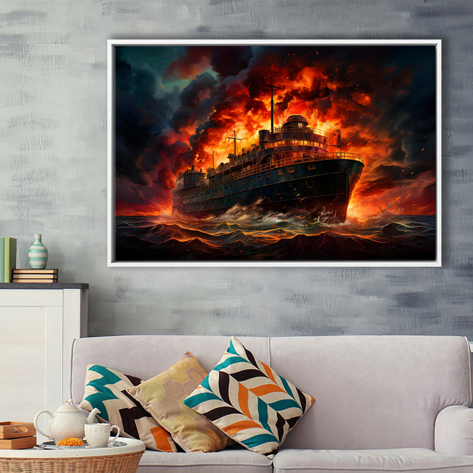 Battle Ship Burned Framed Canvas Prints Wall Art Home Decor, Painting Canvas, Floating Frame