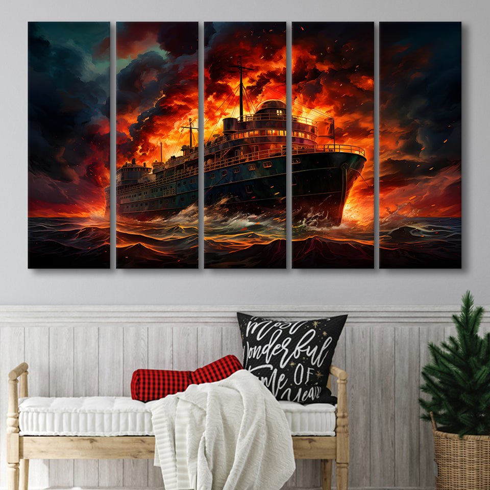 Battle Ship Burned 5 Panels B Canvas Prints Wall Art Home Decor, Extra Large Canvas