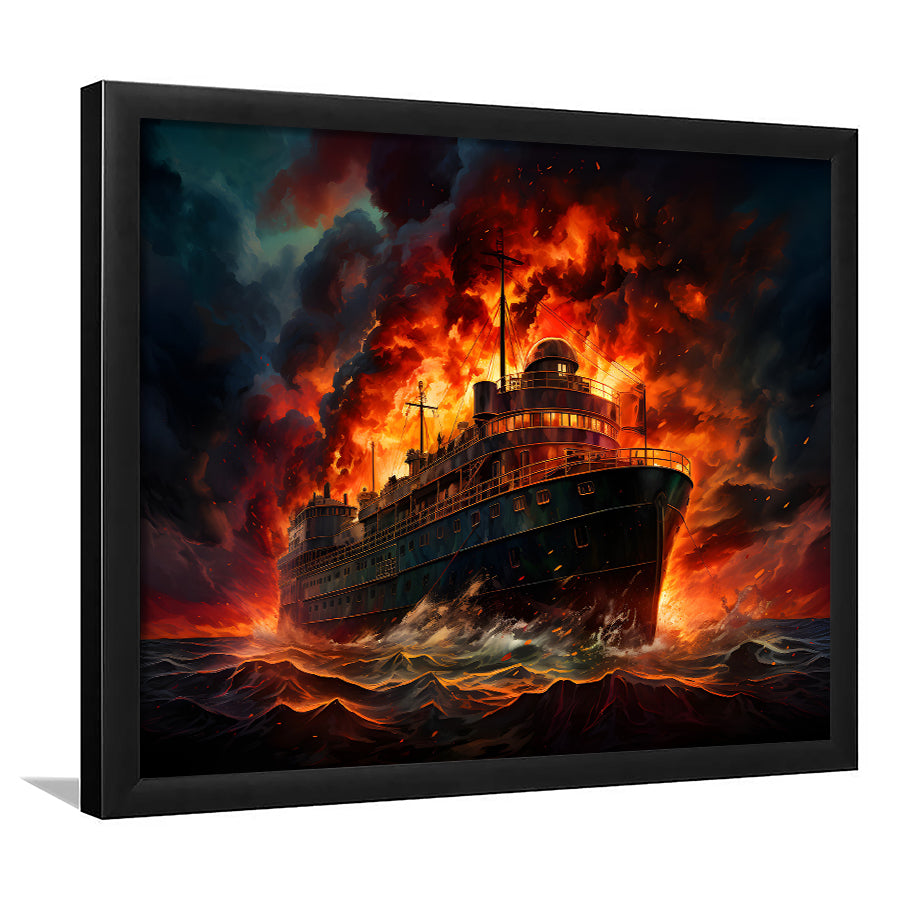 Battle Ship Burned Framed Art Prints Wall Decor, Painting Art, Framed Picture