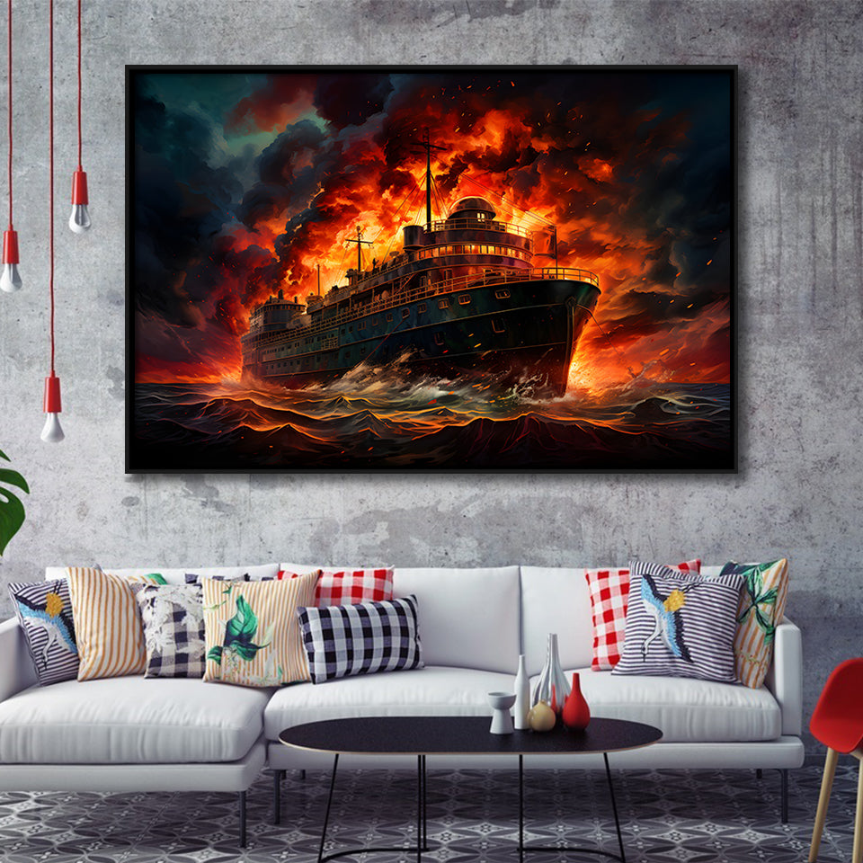 Battle Ship Burned Framed Canvas Prints Wall Art Home Decor, Painting Canvas, Floating Frame
