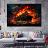Battle Ship Burned Framed Canvas Prints Wall Art Home Decor, Painting Canvas, Floating Frame
