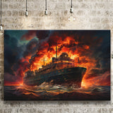 Battle Ship Burned Canvas Prints Wall Art Home Decor, Painting Canvas, Living Room Wall Decor