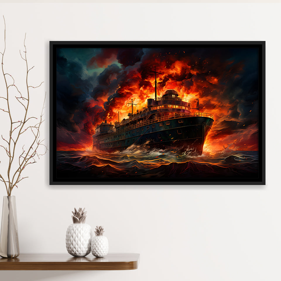 Battle Ship Burned Framed Canvas Prints Wall Art Home Decor, Painting Canvas, Floating Frame