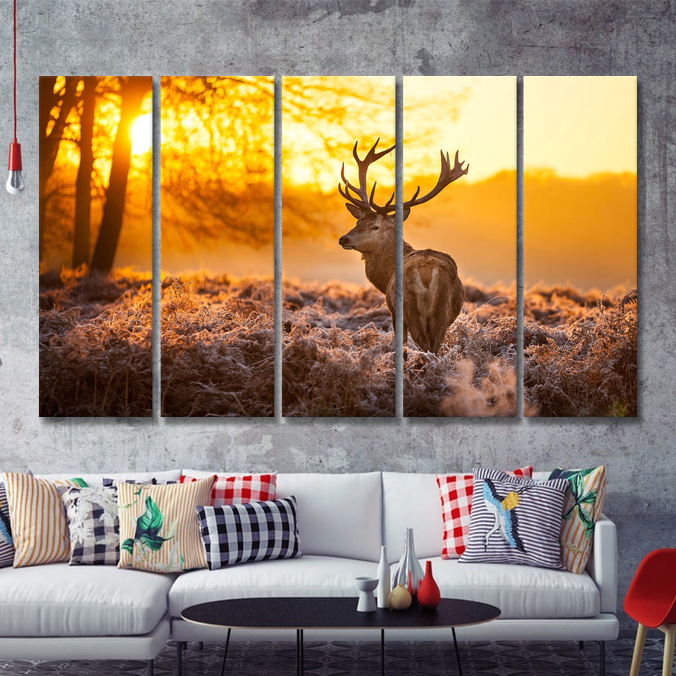 Beautiful Deer In Sunset 5 Pieces B Canvas Prints Wall Art - Painting Canvas,Wall Decor, Multi Panel,5 Panels