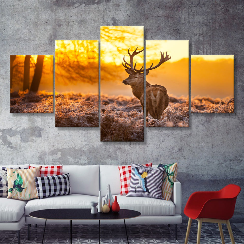 Beautiful Deer In Sunset 5 Pieces Canvas Prints Wall Art - Painting Canvas,Wall Decor, Multi Panel,5 Panels