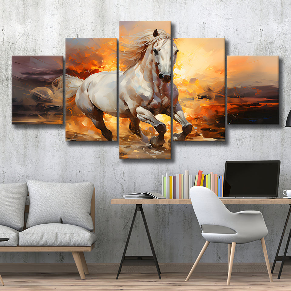 Beautiful Horse Running In The Sunrise 5 Panels Canvas Prints Wall Art Home Decor, Large Mixed Canvas