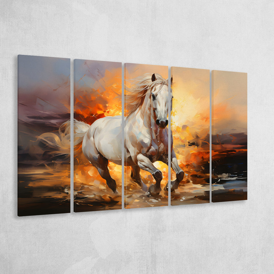 Beautiful Horse Running In The Sunrise 5 Panels B Canvas Prints Wall Art Home Decor, Extra Large Canvas