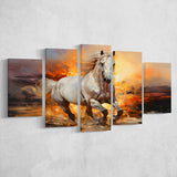 Beautiful Horse Running In The Sunrise 5 Panels Canvas Prints Wall Art Home Decor, Large Mixed Canvas
