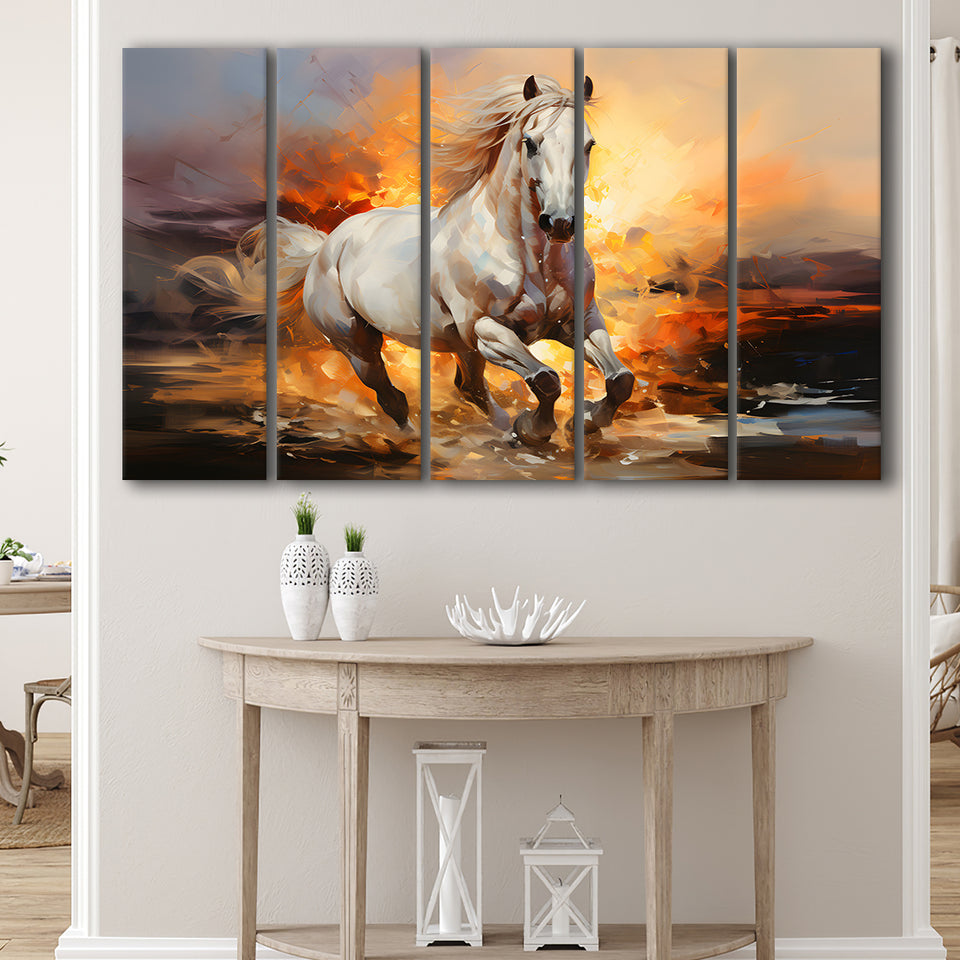 Beautiful Horse Running In The Sunrise 5 Panels B Canvas Prints Wall Art Home Decor, Extra Large Canvas