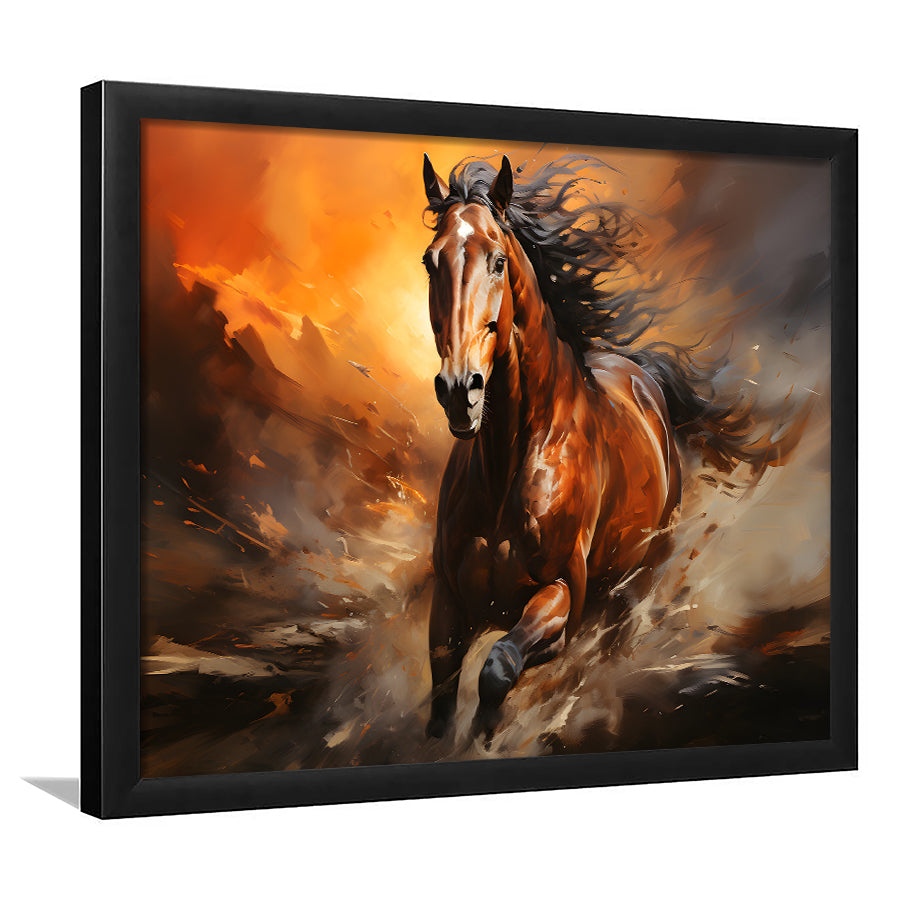 Beautiful Horse Running In The Sunset Oil Painting V4 Framed Art Prints Wall Decor, Painting Art, Framed Picture