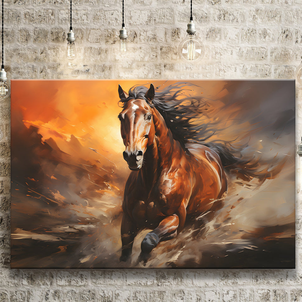 Beautiful Horse Running In The Sunset Oil Painting V4 Canvas Prints Wall Art Home Decor, Painting Canvas,Wall Decor