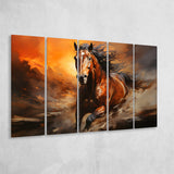 Beautiful Horse Running In The Sunset Oil Painting V4 5 Panels B Canvas Prints Wall Art Home Decor, Extra Large Canvas