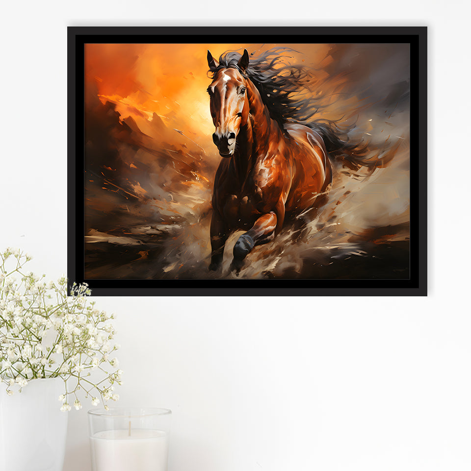 Beautiful Horse Running In The Sunset Oil Painting V4 Framed Canvas Prints Wall Art Home Decor, Floating Frame