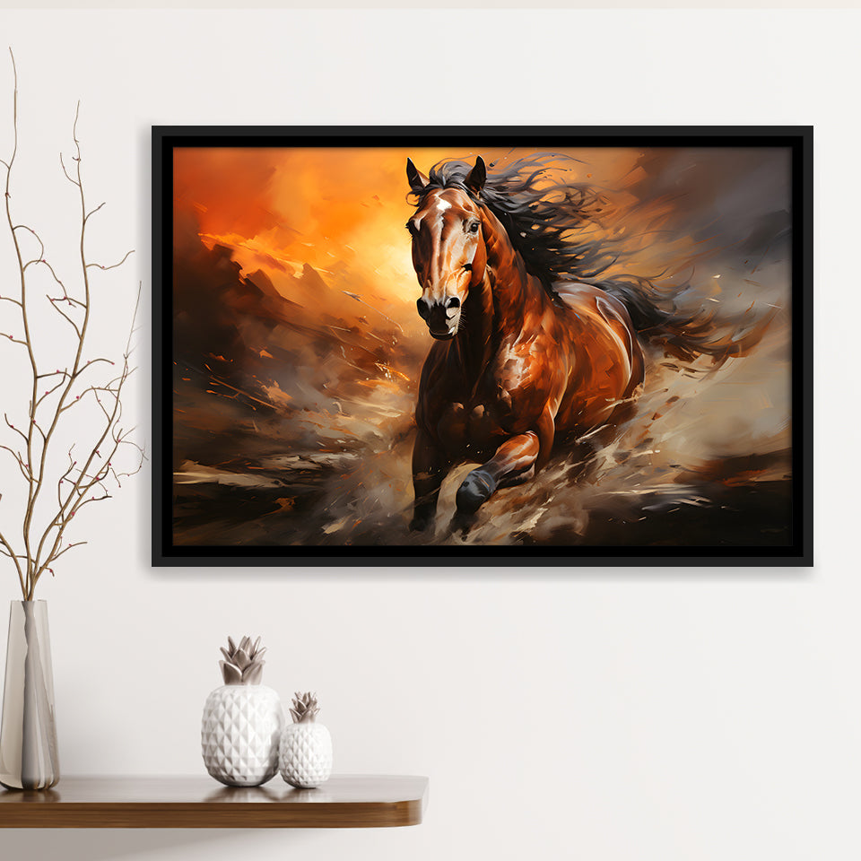 Beautiful Horse Running In The Sunset Oil Painting V4 Framed Canvas Prints Wall Art Home Decor, Floating Frame
