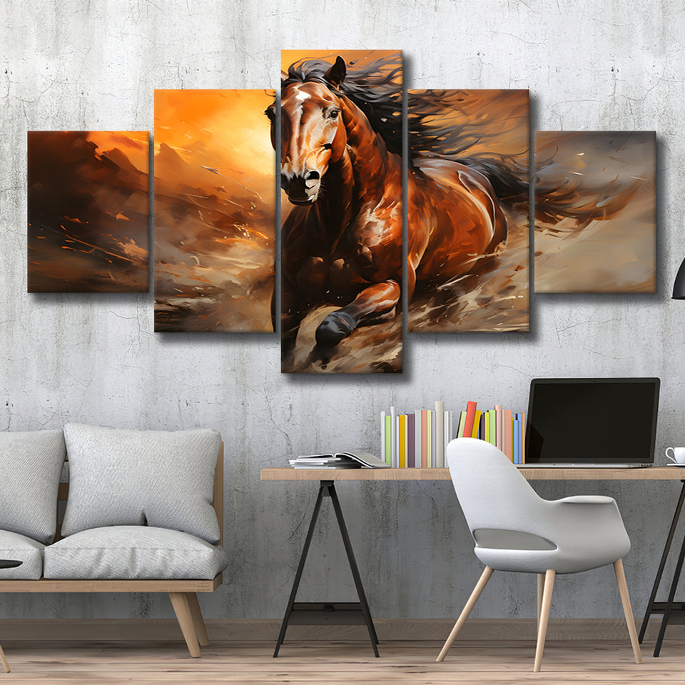 Beautiful Horse Running In The Sunset Oil Painting V4 5 Panels Canvas Prints Wall Art Home Decor, Large Mixed Canvas