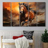 Beautiful Horse Running In The Sunset Oil Painting V4 5 Panels B Canvas Prints Wall Art Home Decor, Extra Large Canvas