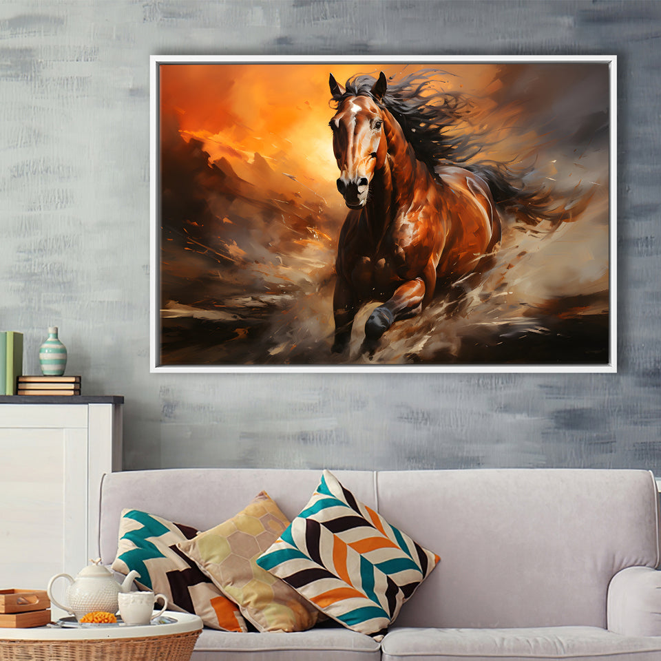 Beautiful Horse Running In The Sunset Oil Painting V4 Framed Canvas Prints Wall Art Home Decor, Floating Frame