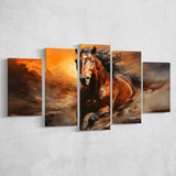Beautiful Horse Running In The Sunset Oil Painting V4 5 Panels Canvas Prints Wall Art Home Decor, Large Mixed Canvas