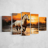 Beautiful Horse Walking In The Sunset 5 Panels Canvas Prints Wall Art Home Decor, Large Mixed Canvas