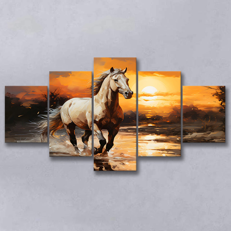 Beautiful Horse Walking In The Sunset 5 Panels Canvas Prints Wall Art Home Decor, Large Mixed Canvas