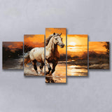 Beautiful Horse Walking In The Sunset 5 Panels Canvas Prints Wall Art Home Decor, Large Mixed Canvas