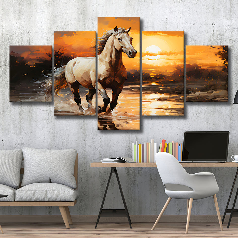 Beautiful Horse Walking In The Sunset 5 Panels Canvas Prints Wall Art Home Decor, Large Mixed Canvas
