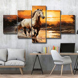 Beautiful Horse Walking In The Sunset 5 Panels Canvas Prints Wall Art Home Decor, Large Mixed Canvas