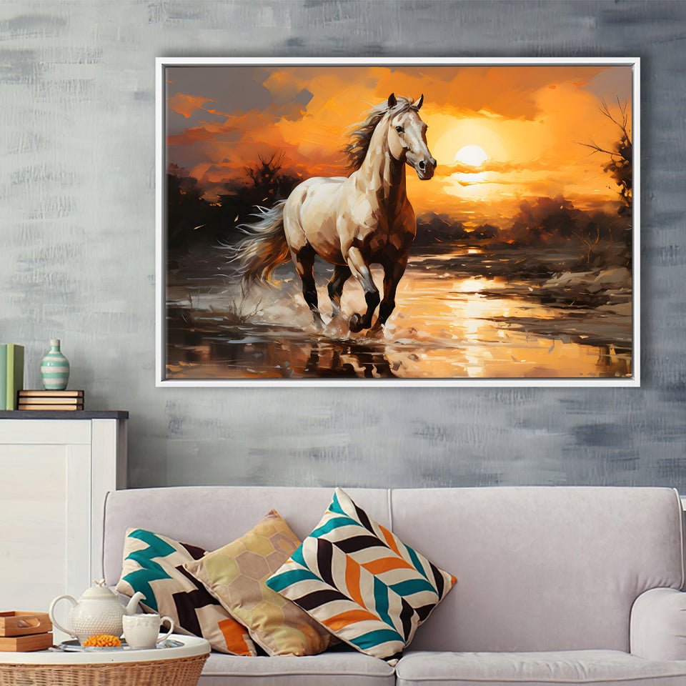 Beautiful Horse Walking In The Sunset Framed Canvas Prints Wall Art Home Decor, Painting Canvas, Floating Frame
