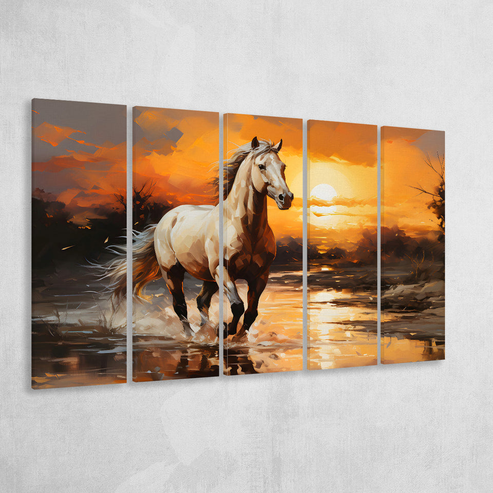 Beautiful Horse Walking In The Sunset 5 Panels B Canvas Prints Wall Art Home Decor, Extra Large Canvas