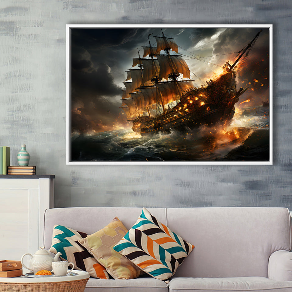 Big Pirate Ship Burned Framed Canvas Prints Wall Art Home Decor, Painting Canvas, Floating Frame