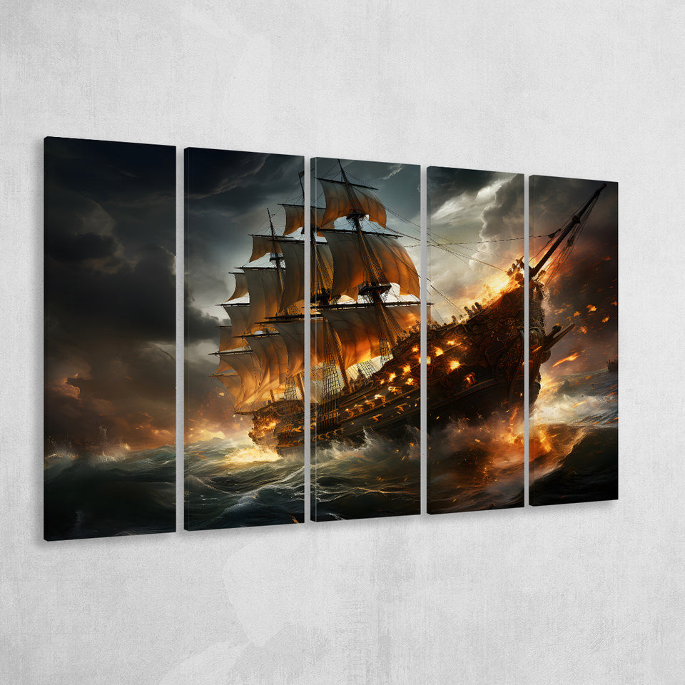 Big Pirate Ship Burned 5 Panels B Canvas Prints Wall Art Home Decor, Extra Large Canvas