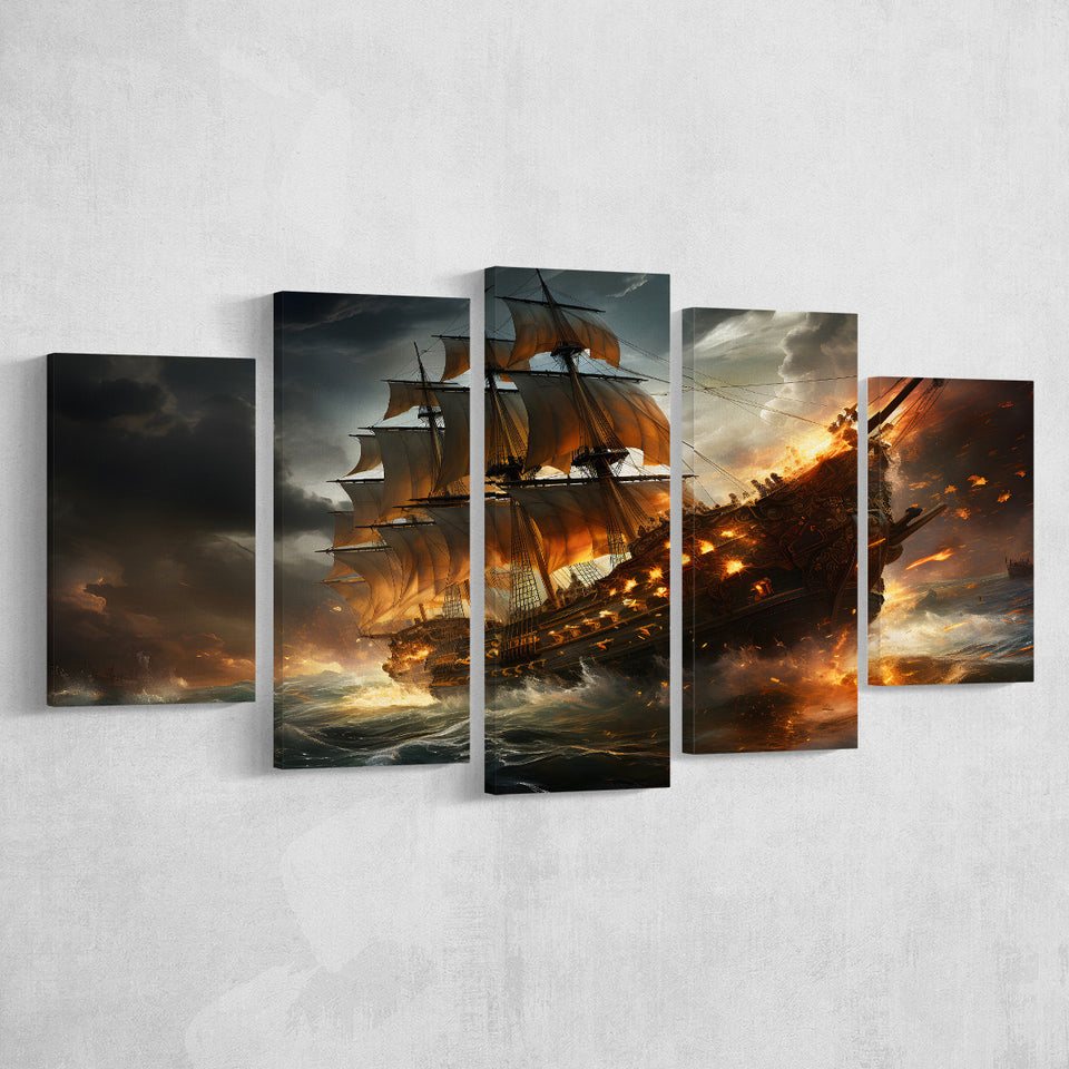 Big Pirate Ship Burned 5 Panels Canvas Prints Wall Art Home Decor, Large Mixed Canvas
