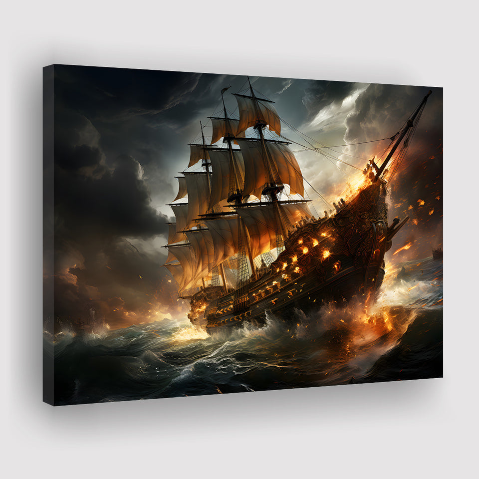 Big Pirate Ship Burned Canvas Prints Wall Art Home Decor, Painting