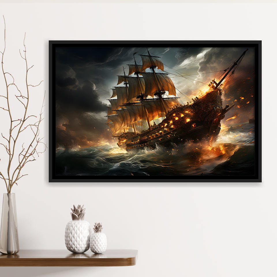 Big Pirate Ship Burned Framed Canvas Prints Wall Art Home Decor, Painting Canvas, Floating Frame