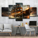 Big Pirate Ship Burned 5 Panels Canvas Prints Wall Art Home Decor, Large Mixed Canvas