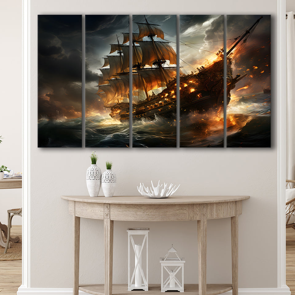 Big Pirate Ship Burned 5 Panels B Canvas Prints Wall Art Home Decor, Extra Large Canvas