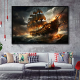 Big Pirate Ship Burned Framed Canvas Prints Wall Art Home Decor, Painting Canvas, Floating Frame