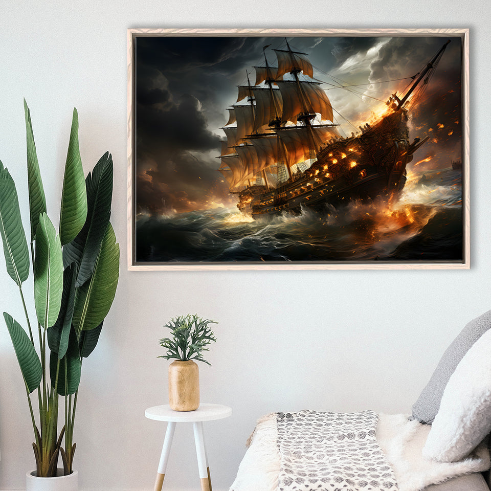 Big Pirate Ship Burned Framed Canvas Prints Wall Art Home Decor, Painting Canvas, Floating Frame