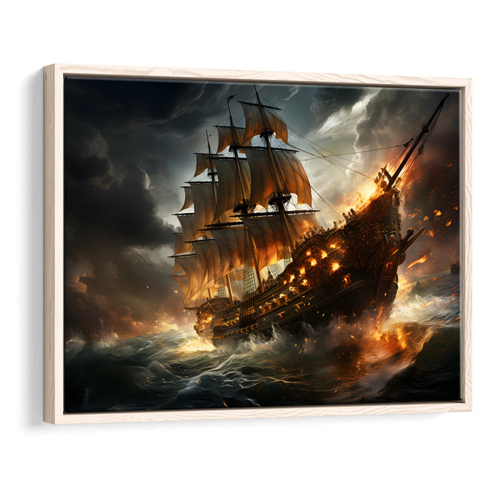 Big Pirate Ship Burned Framed Canvas Prints Wall Art Home Decor, Painting Canvas, Floating Frame