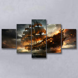 Big Pirate Ship Burned 5 Panels Canvas Prints Wall Art Home Decor, Large Mixed Canvas