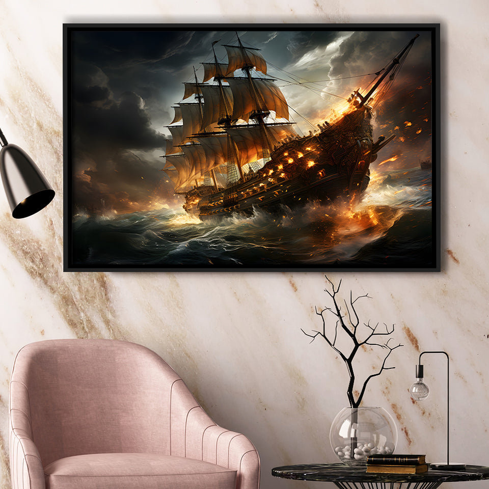 Big Pirate Ship Burned Framed Canvas Prints Wall Art Home Decor, Painting Canvas, Floating Frame